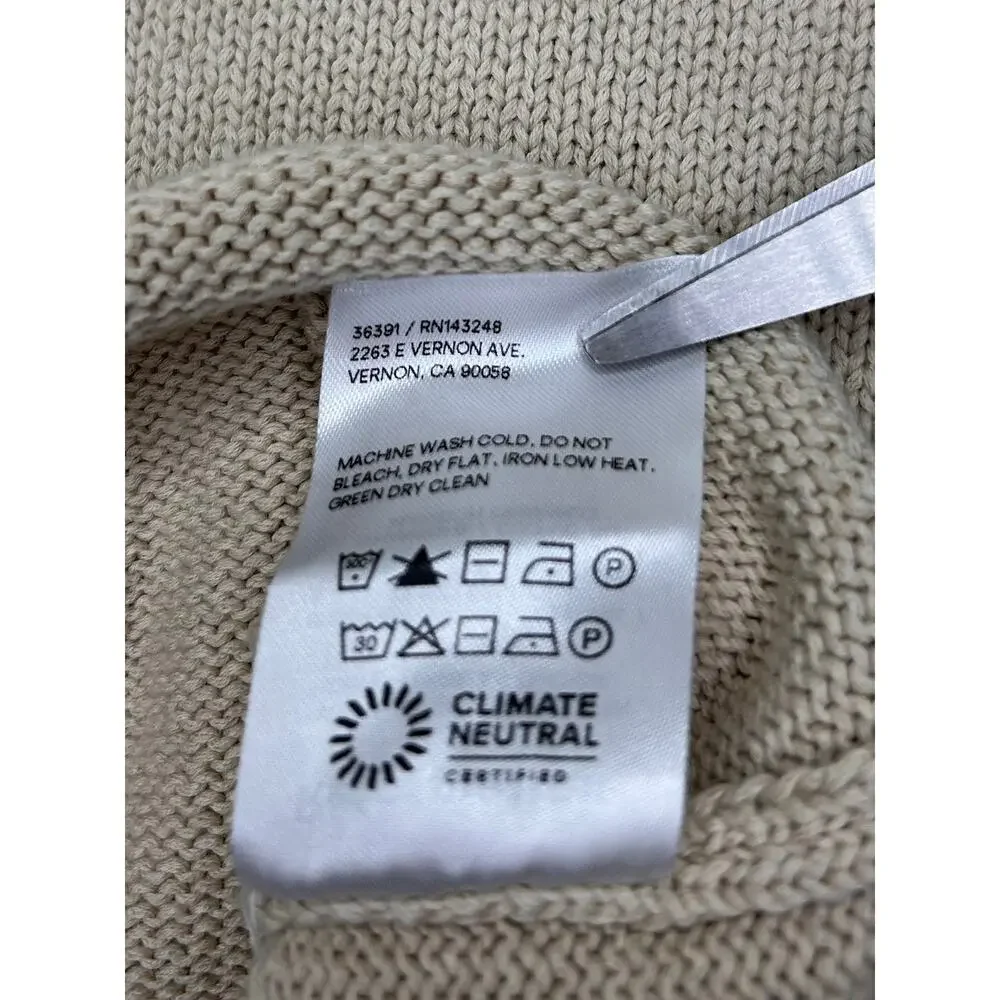 Reformation V Neck Sweater XL Beige Bell Sleeve Rolled Hem Neutral Cotton